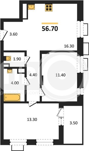 Миниатюра 2-комнатная квартира, 56.7кв.м