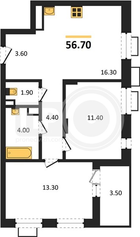 2-комнатная квартира, 56.7кв.м