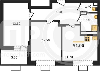 Миниатюра 2-комнатная квартира, 51кв.м