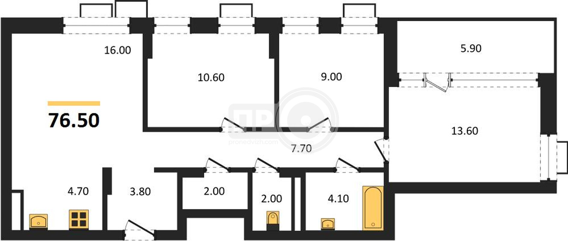 3-комнатная квартира, 76.5кв.м