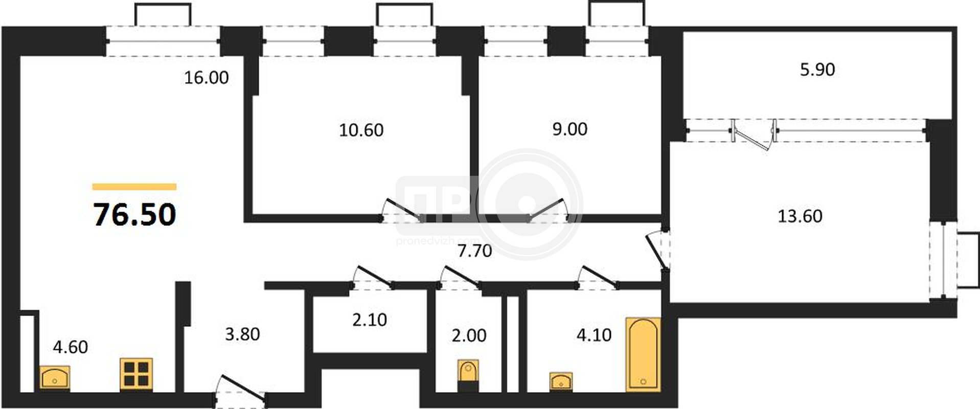 3-комнатная квартира, 76.5кв.м