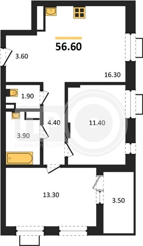 2-комнатная квартира, 56.6кв.м