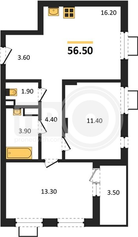 2-комнатная квартира, 56.5кв.м