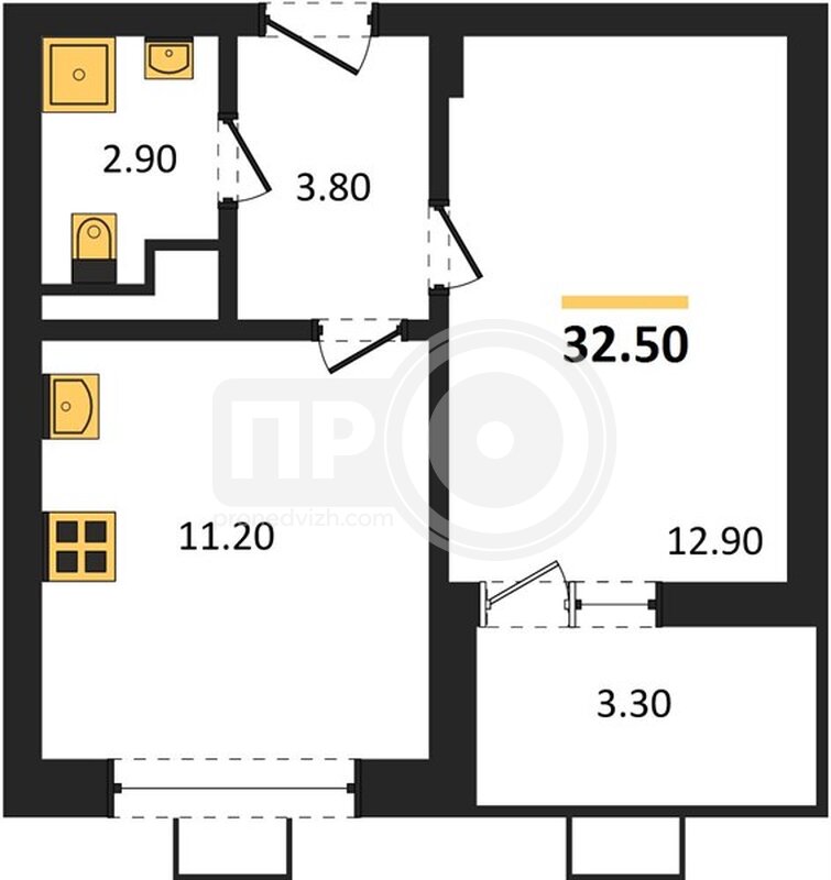 1-комнатная квартира, 32.5кв.м
