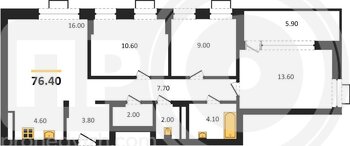 Миниатюра 3-комнатная квартира, 76.4кв.м