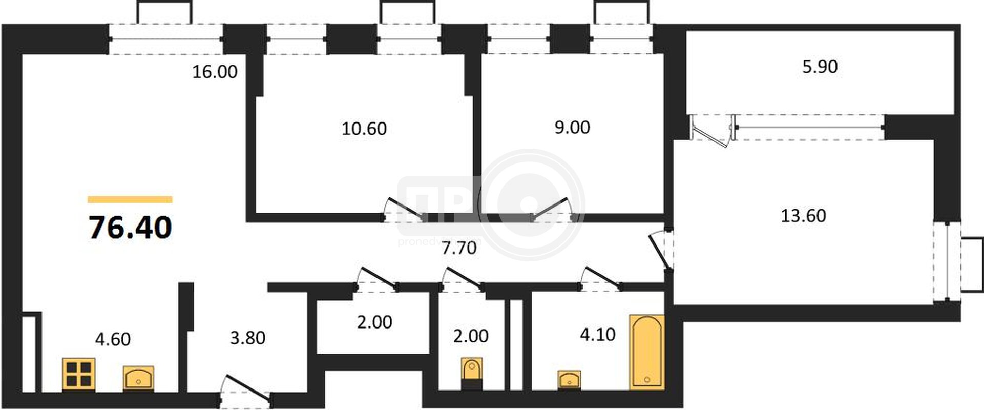 3-комнатная квартира, 76.4кв.м