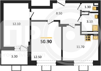 Миниатюра 2-комнатная квартира, 50.9кв.м