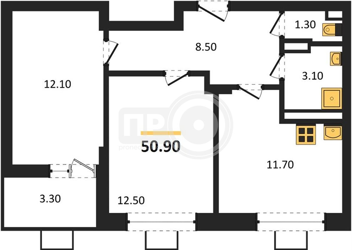 2-комнатная квартира, 50.9кв.м