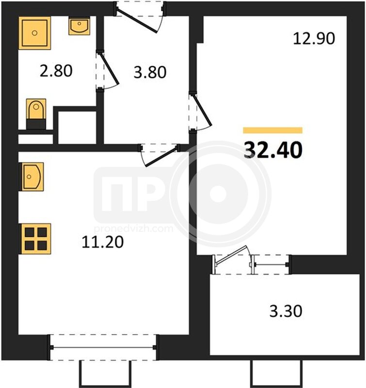 1-комнатная квартира, 32.4кв.м
