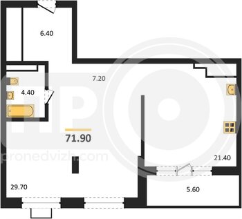 Миниатюра 1-комнатная квартира, 71.9кв.м