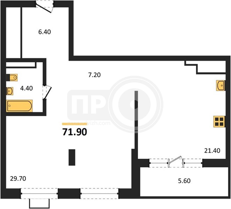 1-комнатная квартира, 71.9кв.м