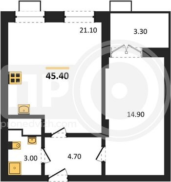 Миниатюра 1-комнатная квартира, 45.4кв.м