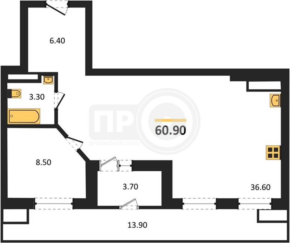 1-комнатная квартира, 60.9кв.м