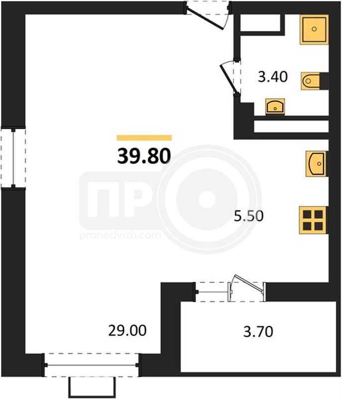 1-комнатная квартира, 39.8кв.м