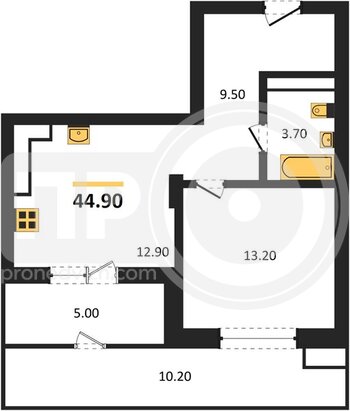 Миниатюра 1-комнатная квартира, 44.9кв.м