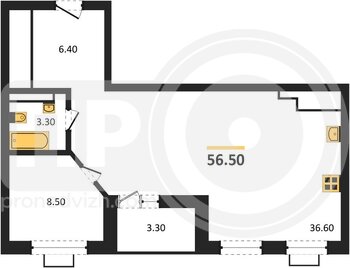 Миниатюра 1-комнатная квартира, 56.5кв.м