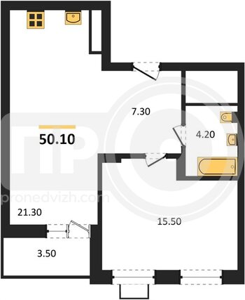 Миниатюра 1-комнатная квартира, 50.1кв.м