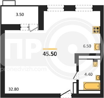 Миниатюра 1-комнатная квартира, 45.5кв.м