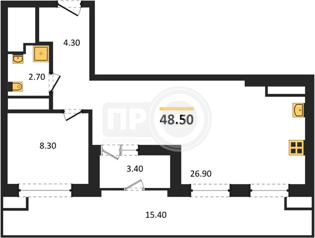 1-комнатная квартира, 48.5кв.м