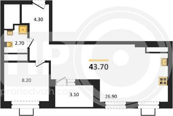 Миниатюра 1-комнатная квартира, 43.7кв.м