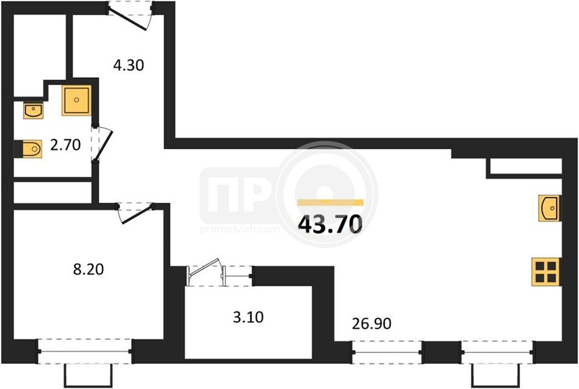 1-комнатная квартира, 43.7кв.м