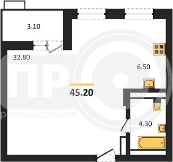 Миниатюра 1-комнатная квартира, 45.2кв.м