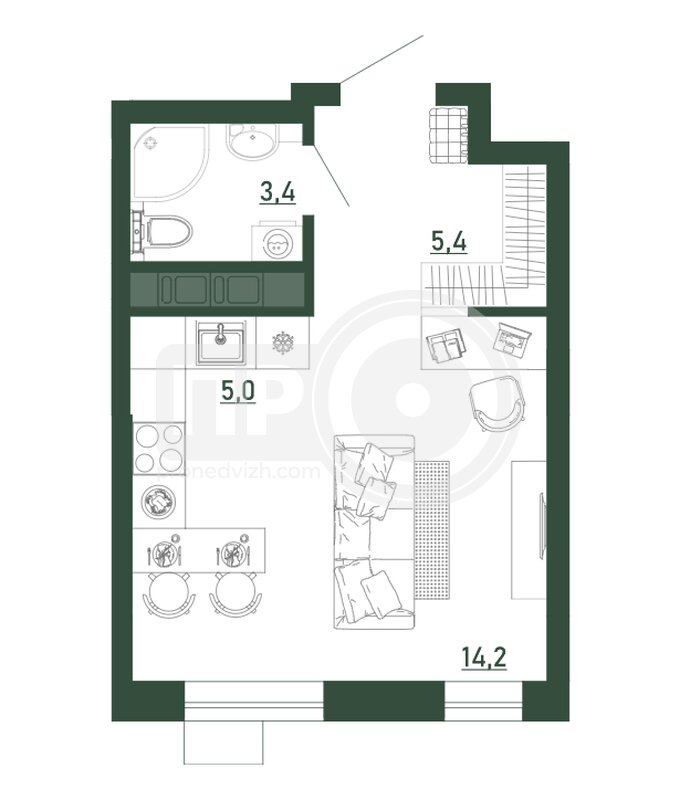 1-комнатная квартира, 28кв.м
