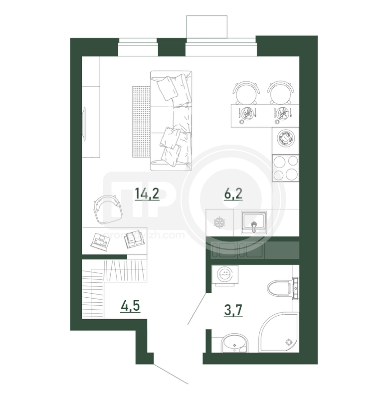 1-комнатная квартира, 28.6кв.м
