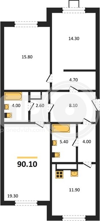 Миниатюра 3-комнатная квартира, 90.1кв.м