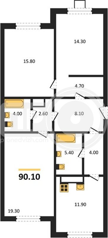 3-комнатная квартира, 90.1кв.м