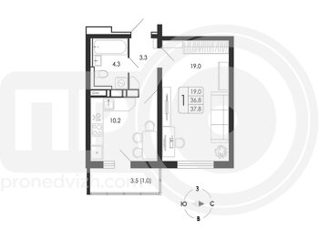 Миниатюра 1-комнатная квартира, 37.8кв.м