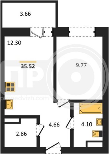 Миниатюра 1-комнатная квартира, 35.52кв.м