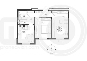 Миниатюра 2-комнатная квартира, 58.7кв.м