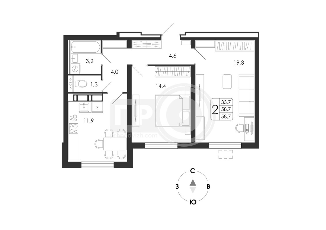 2-комнатная квартира, 58.7кв.м