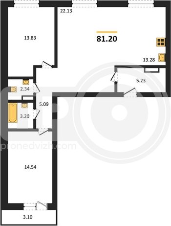 Миниатюра 2-комнатная квартира, 81.2кв.м