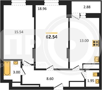 Миниатюра 2-комнатная квартира, 62.54кв.м