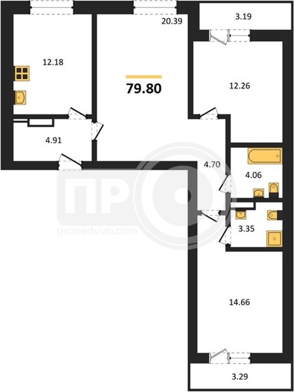 3-комнатная квартира, 79.8кв.м