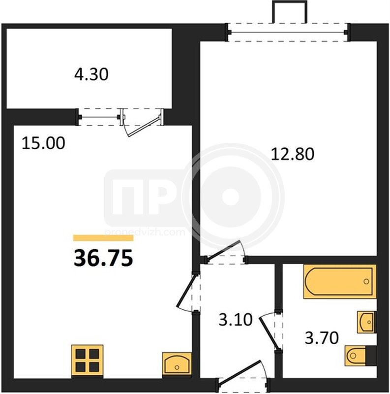 1-комнатная квартира, 36.75кв.м