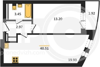 Миниатюра 1-комнатная квартира, 40.51кв.м