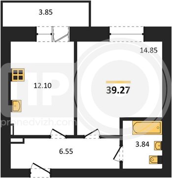 Миниатюра 1-комнатная квартира, 39.27кв.м