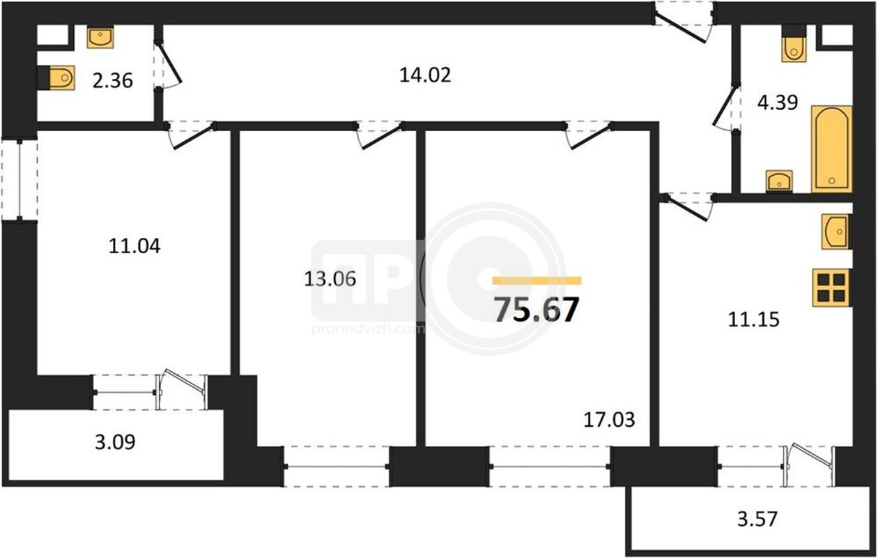 3-комнатная квартира, 75.67кв.м