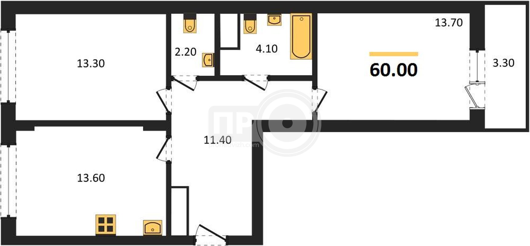 2-комнатная квартира, 60кв.м