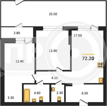 Миниатюра 2-комнатная квартира, 72.2кв.м