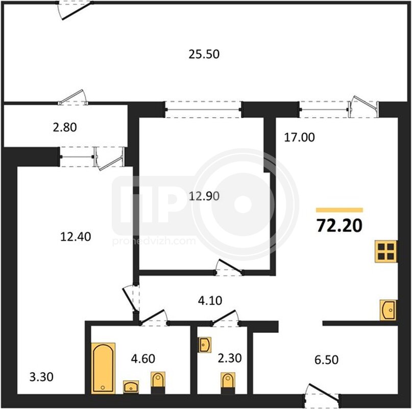 2-комнатная квартира, 72.2кв.м