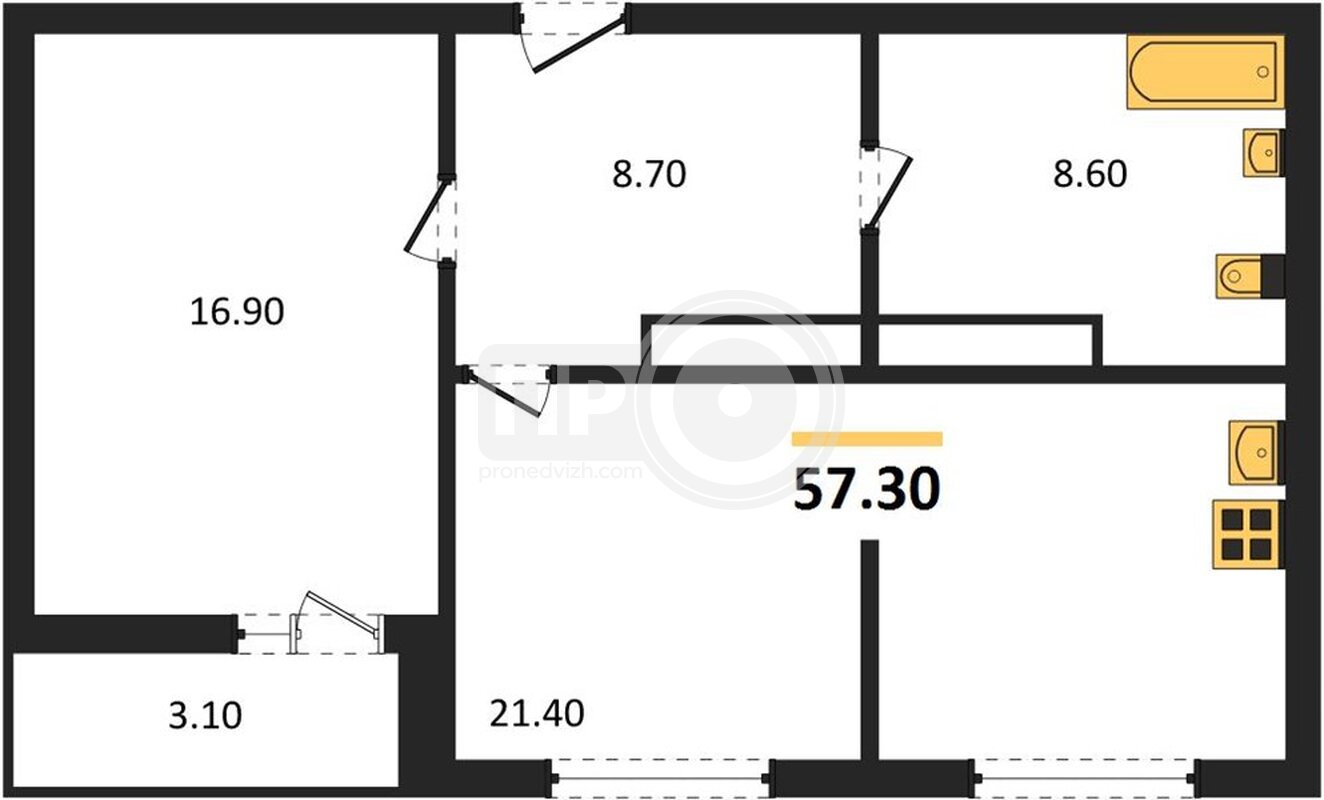 1-комнатная квартира, 57.3кв.м