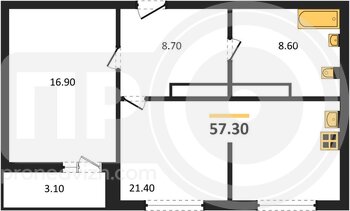 Миниатюра 1-комнатная квартира, 57.3кв.м