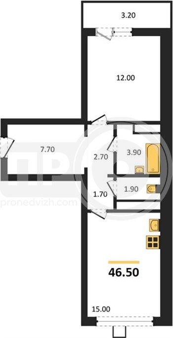Миниатюра 1-комнатная квартира, 46.5кв.м